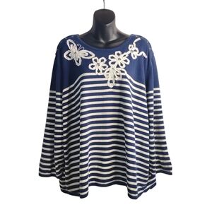 Alfred Dunner Women's Navy Striped Butterfly Floral Sweater Plus Size 3X